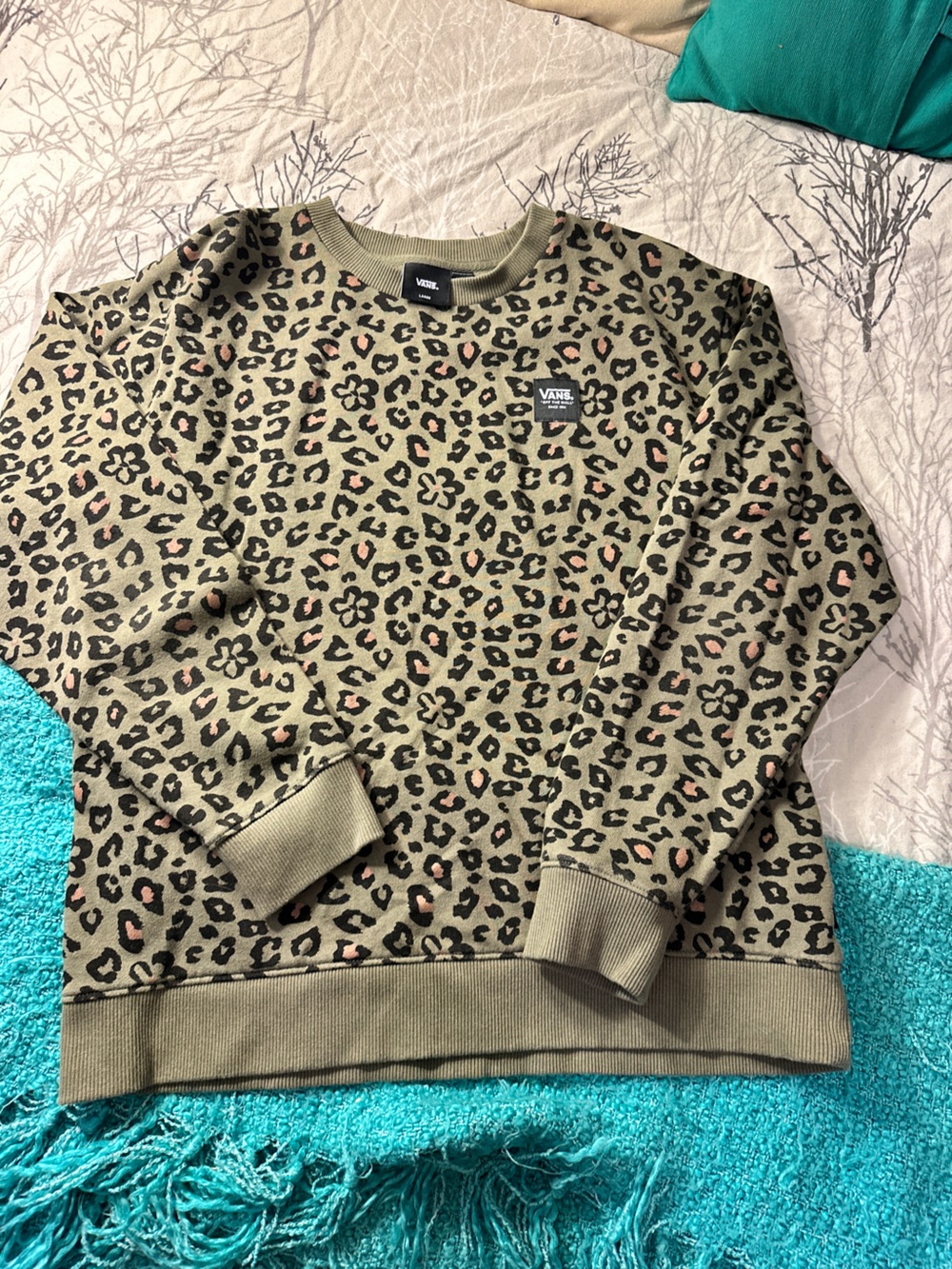 Vans Olive Green Leopard Print Crewneck Sweatshirt